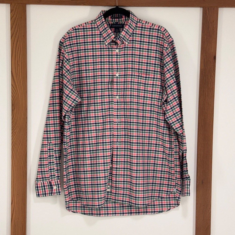 Lands'‎ End Mens Large 16-16.5 Supima No Iron Oxford Shirt Plaid Button Down L
